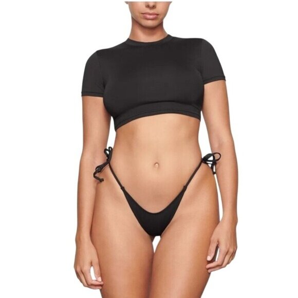 Skims 2X Swim T-Shirt Black Onyx NWT Short Sleeve Crop Top Swimwear - Picture 2 of 6